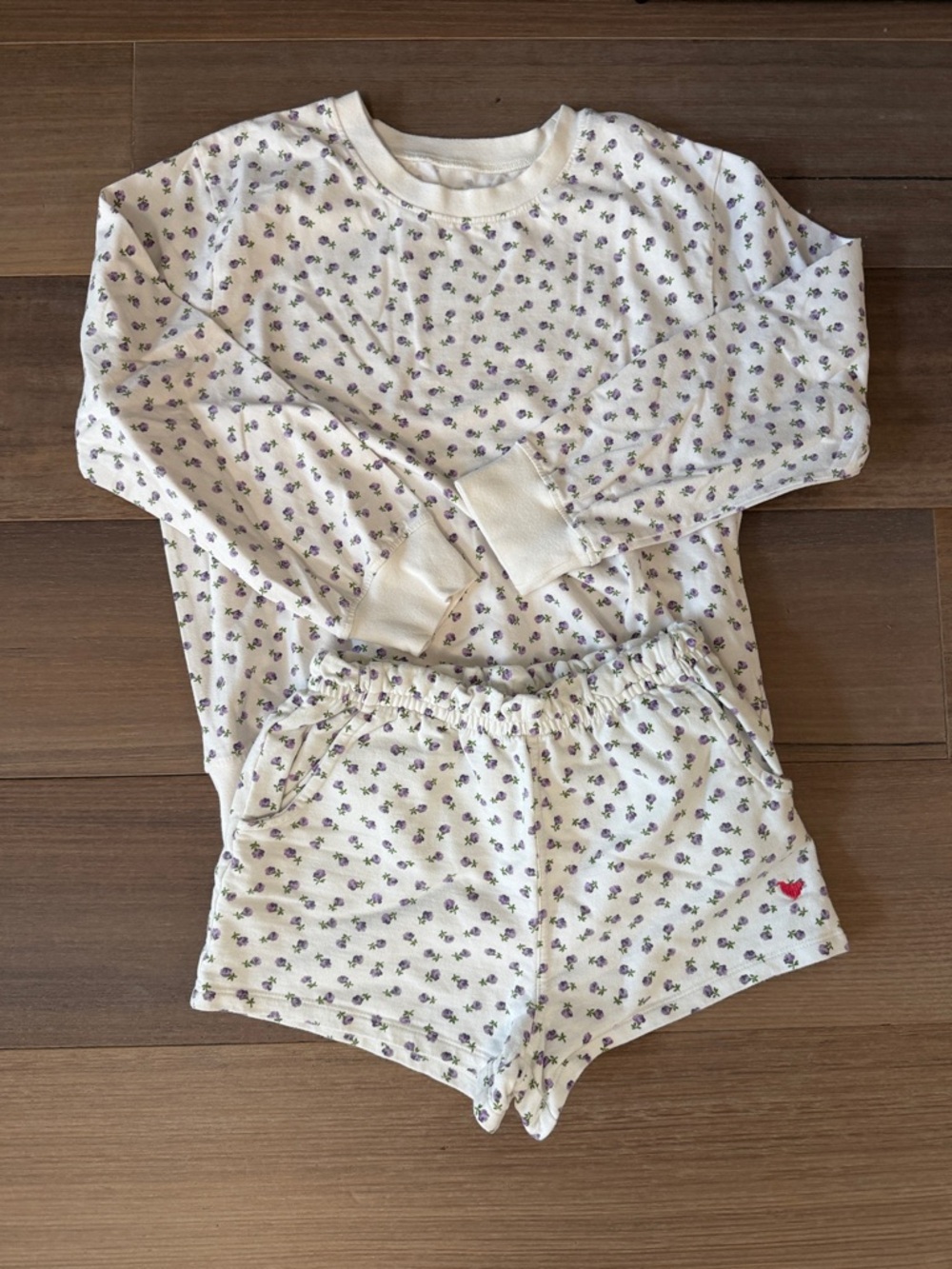 Pink Chicken Cream Floral Long-Sleeve Top & Shorts Set with Purple Print